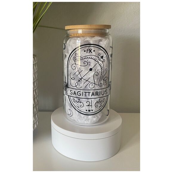 SAGITTARIUS Zodiac Astrology Tarot Style Sipper 16 oz Clear Glass - Picture 1 of 3